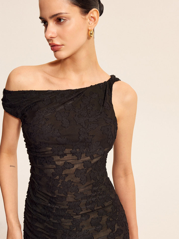 Robe Maxi Longue à Une Épaule en Dentelle Semi-Transparente