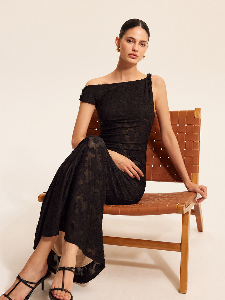 Robe Maxi Longue à Une Épaule en Dentelle Semi-Transparente