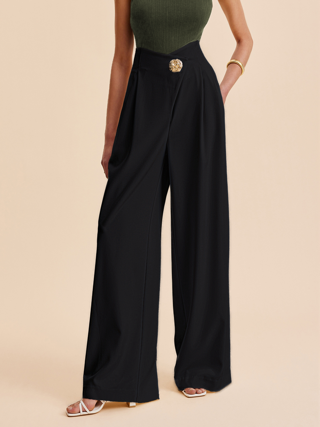 Pantalon large taille haute orné
