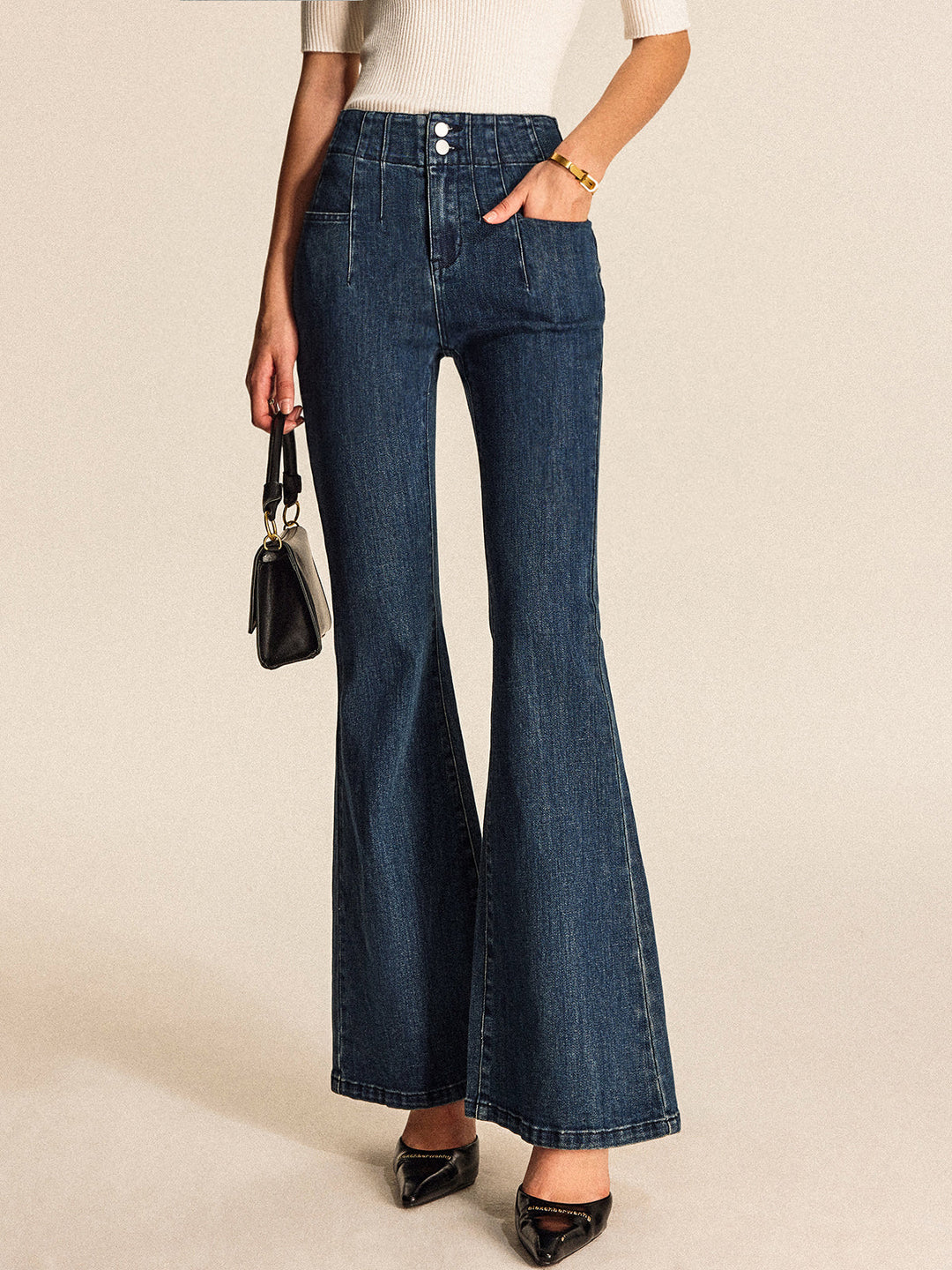 Jean évasé boutonné à taille mi-haute