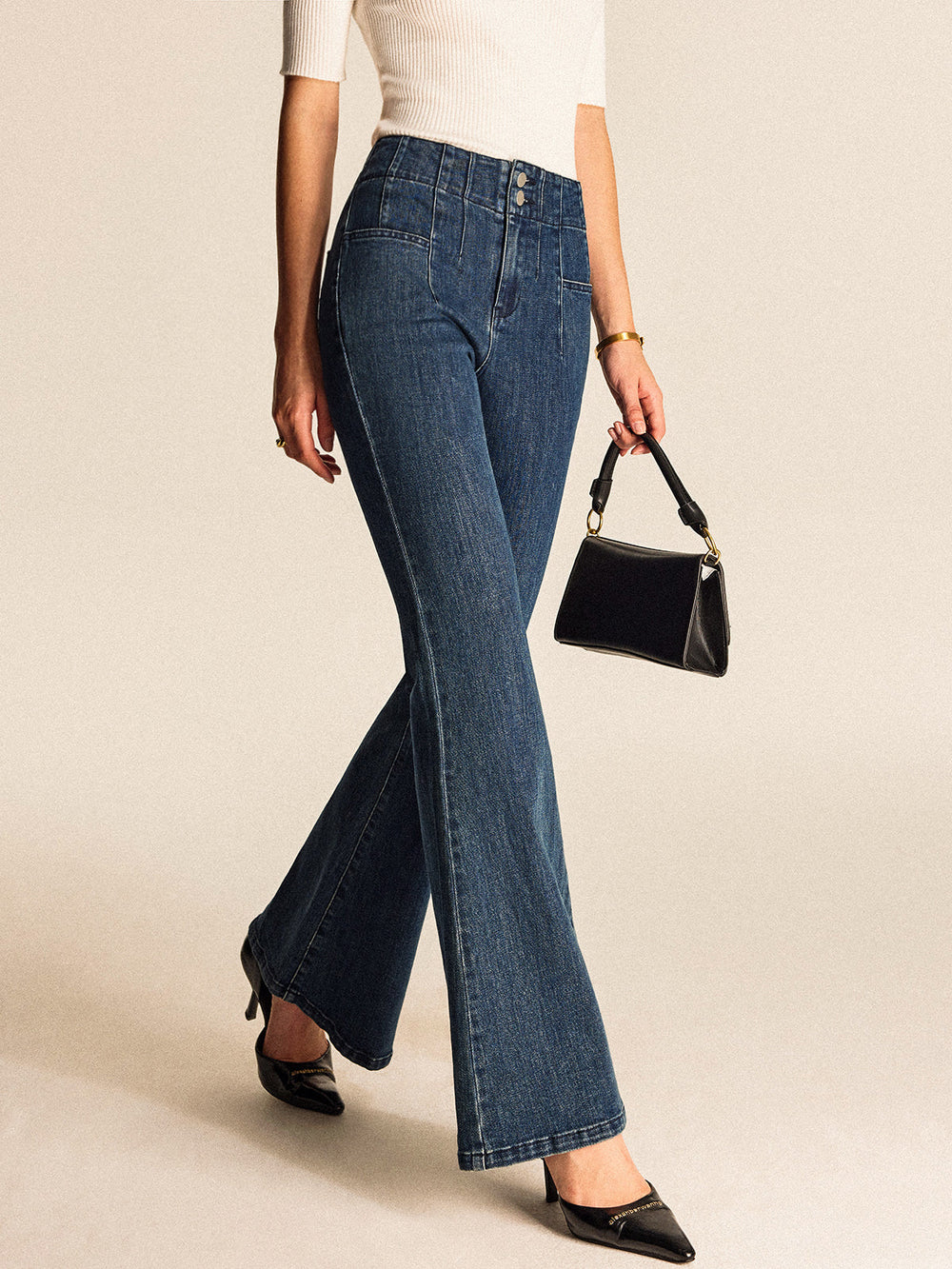 Jean évasé boutonné à taille mi-haute