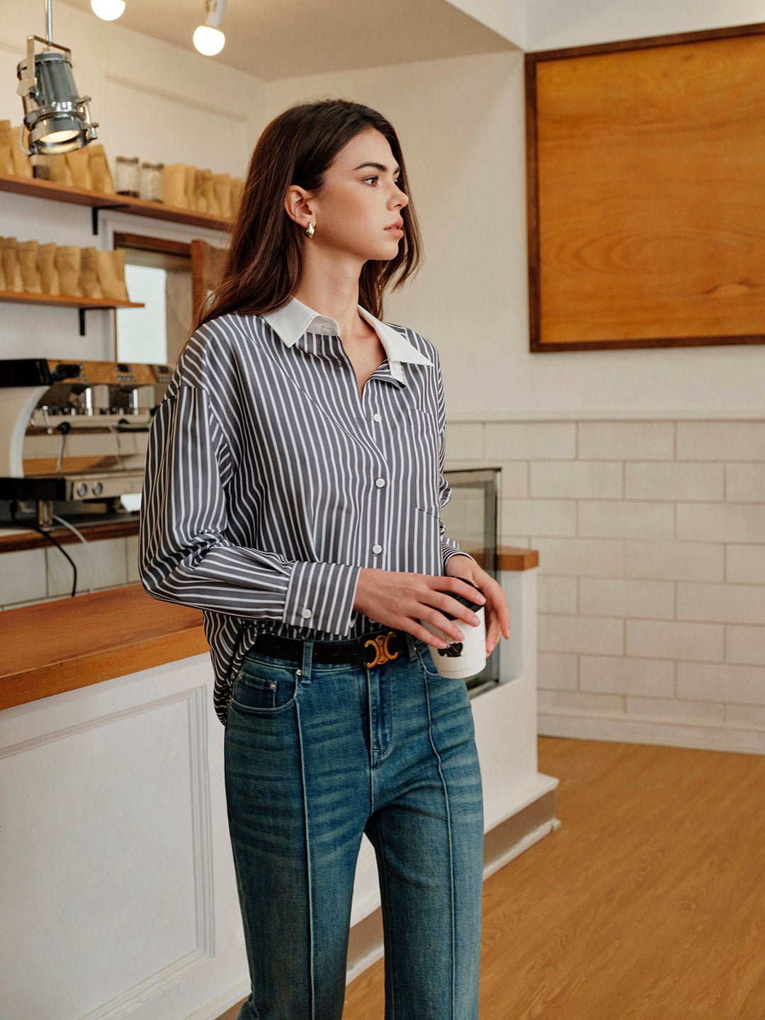 Chemise Boutonnée à Col Contrasté à Rayures