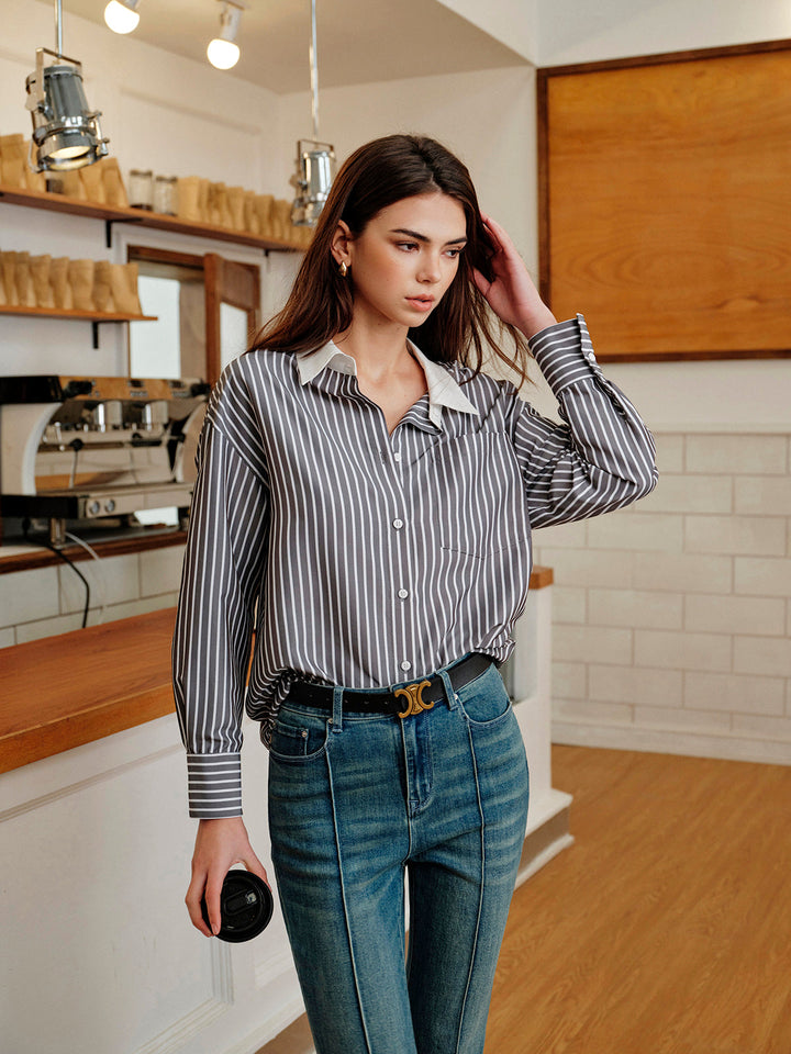 Chemise Boutonnée à Col Contrasté à Rayures
