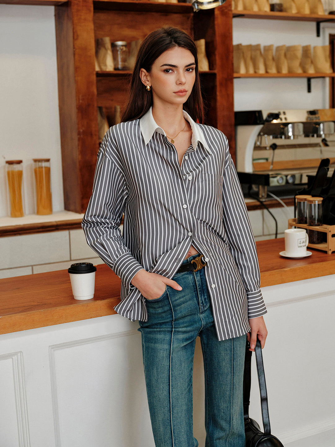 Chemise Boutonnée à Col Contrasté à Rayures