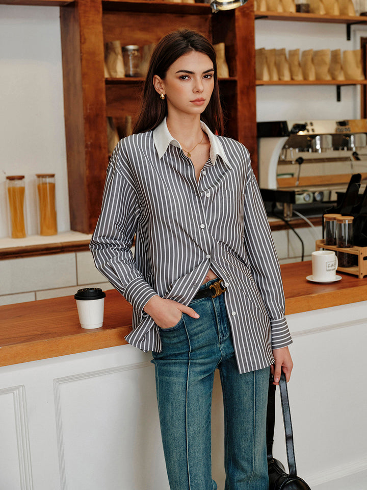 Chemise Boutonnée à Col Contrasté à Rayures