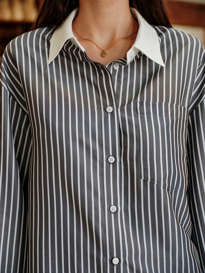 Chemise Boutonnée à Col Contrasté à Rayures