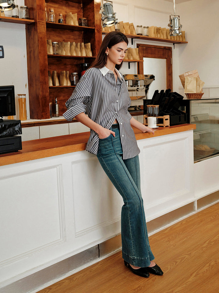 Chemise Boutonnée à Col Contrasté à Rayures