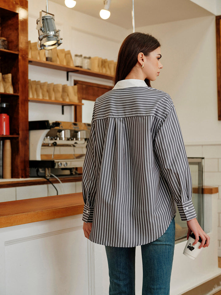 Chemise Boutonnée à Col Contrasté à Rayures