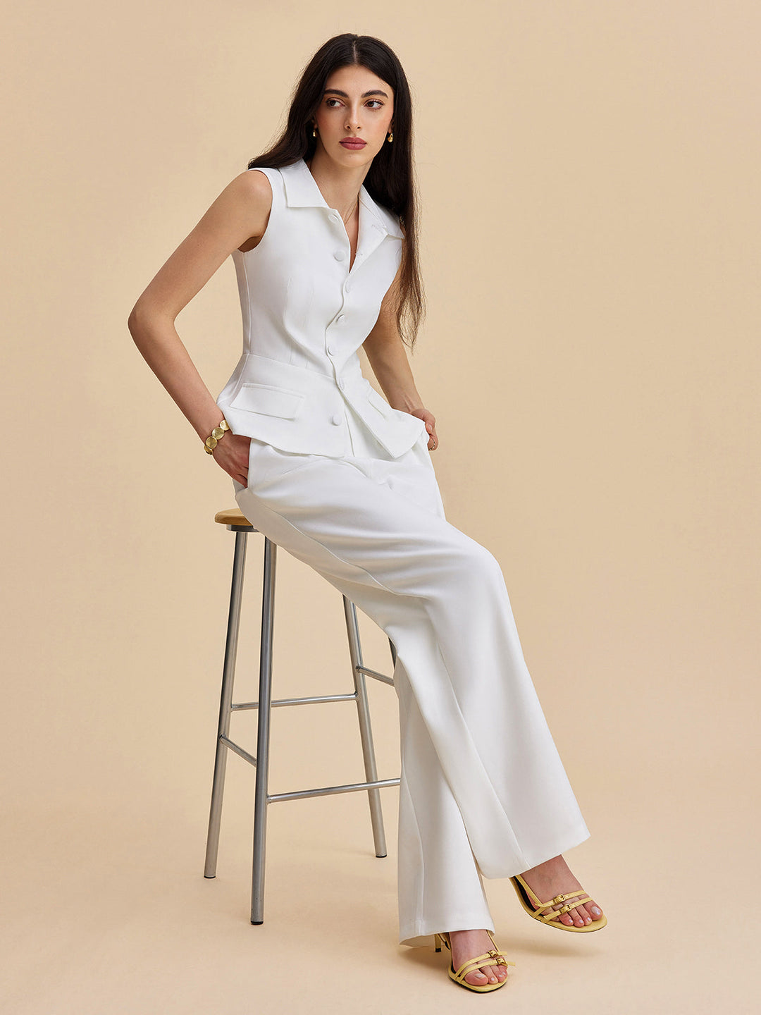 Ensemble Pantalon Sans Manches Boutonné Avec Poches