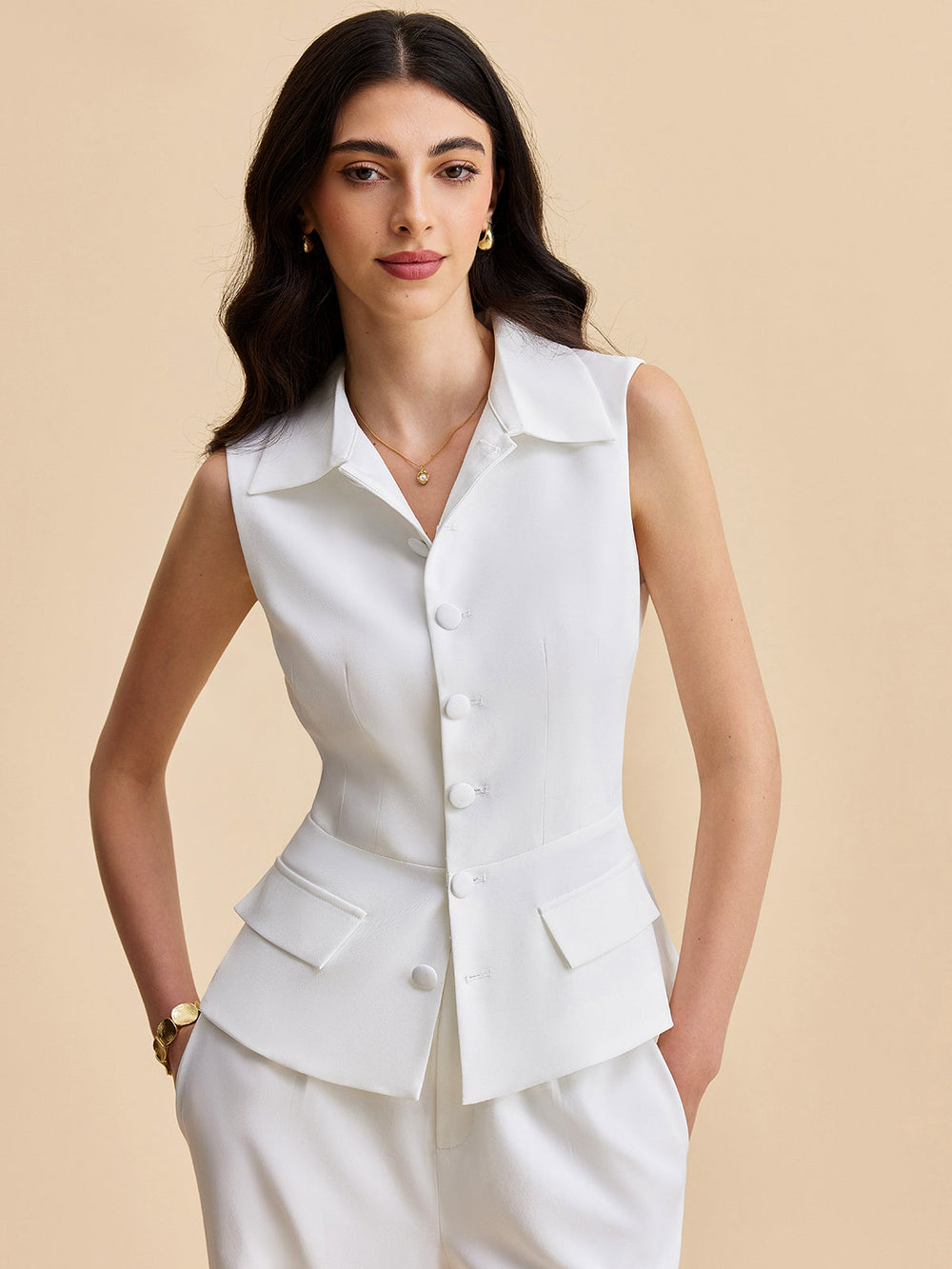 Ensemble Pantalon Sans Manches Boutonné Avec Poches