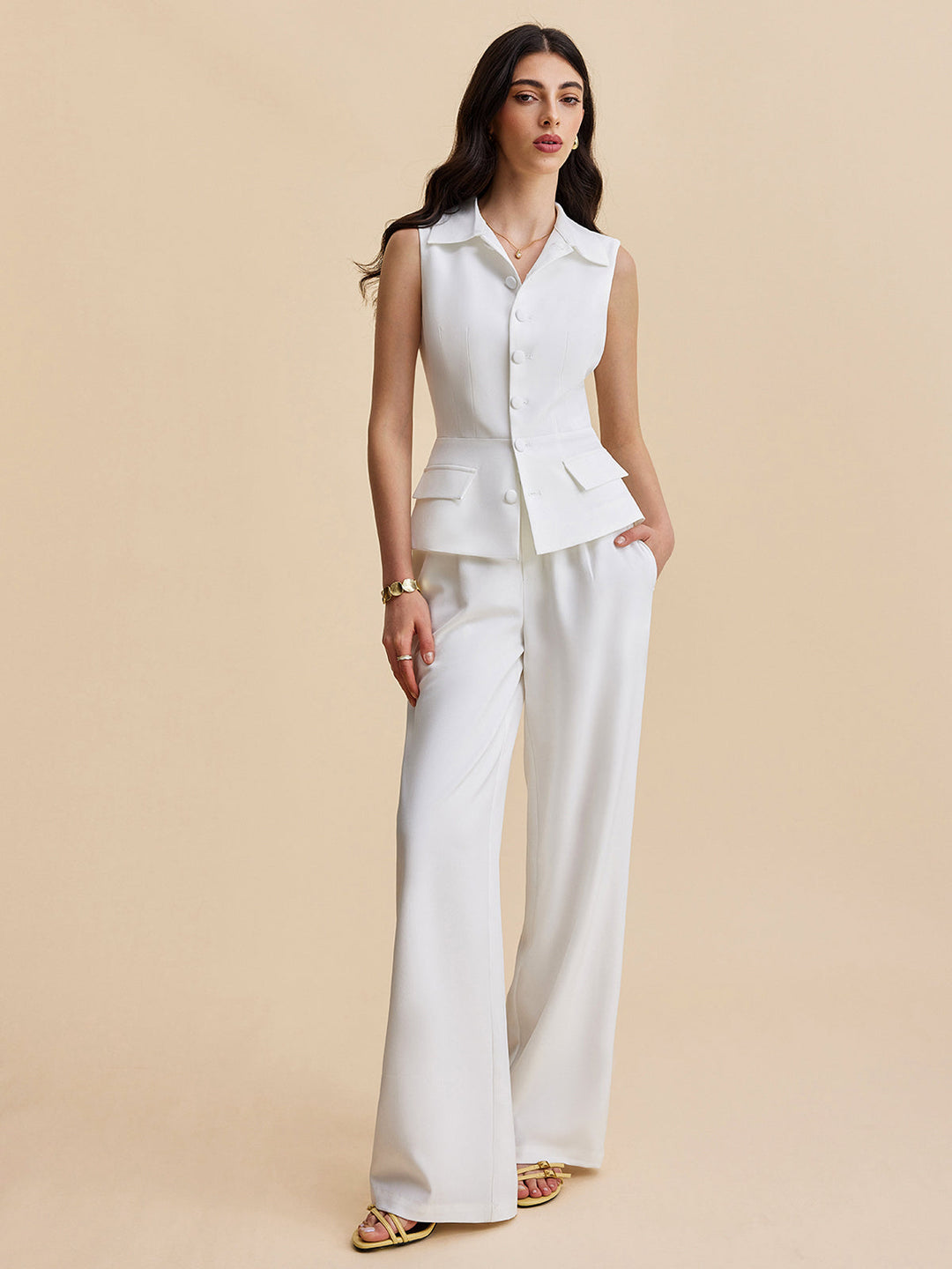 Ensemble Pantalon Sans Manches Boutonné Avec Poches
