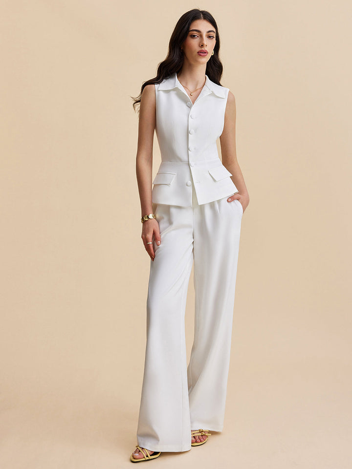 Ensemble Pantalon Sans Manches Boutonné Avec Poches