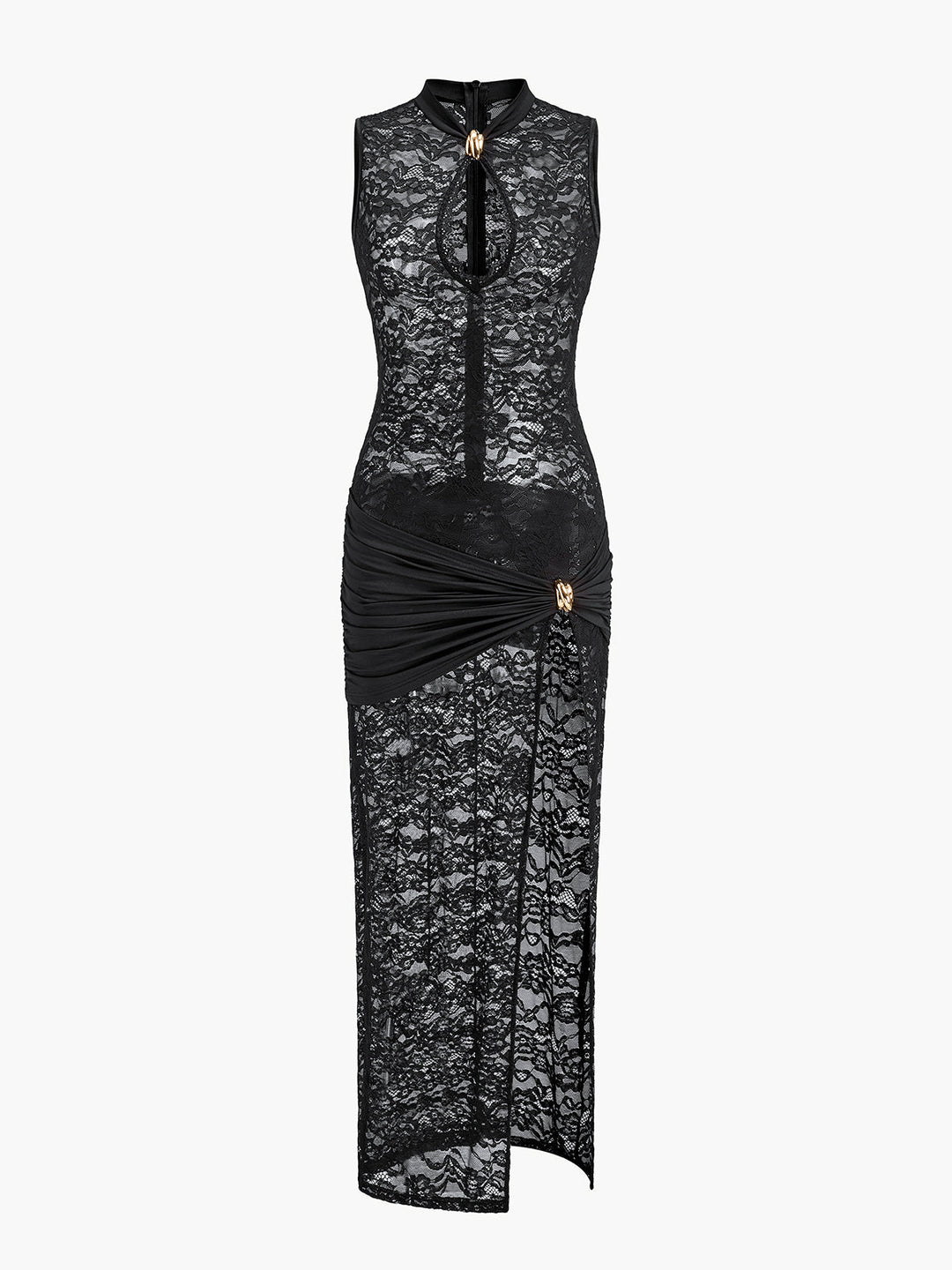 Robe en dentelle transparente avec découpe en trou de serrure et design drapé