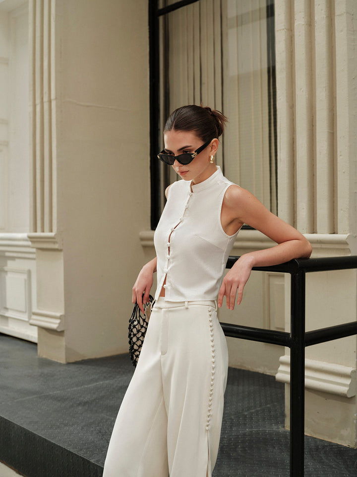 Gilet Semi-Transparent Bouton Rond en Coton et Lin