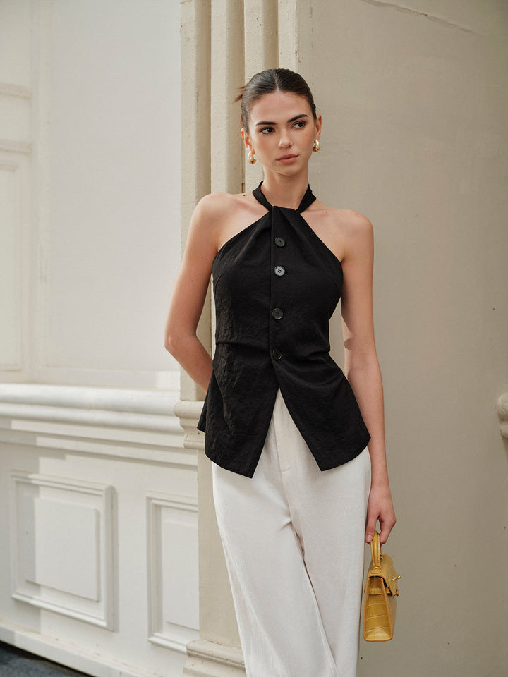 Halter Haut Décolleté Asymétrique avec Fente