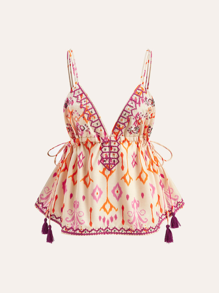 Haut Camisole à Pompons Bohème Brodé