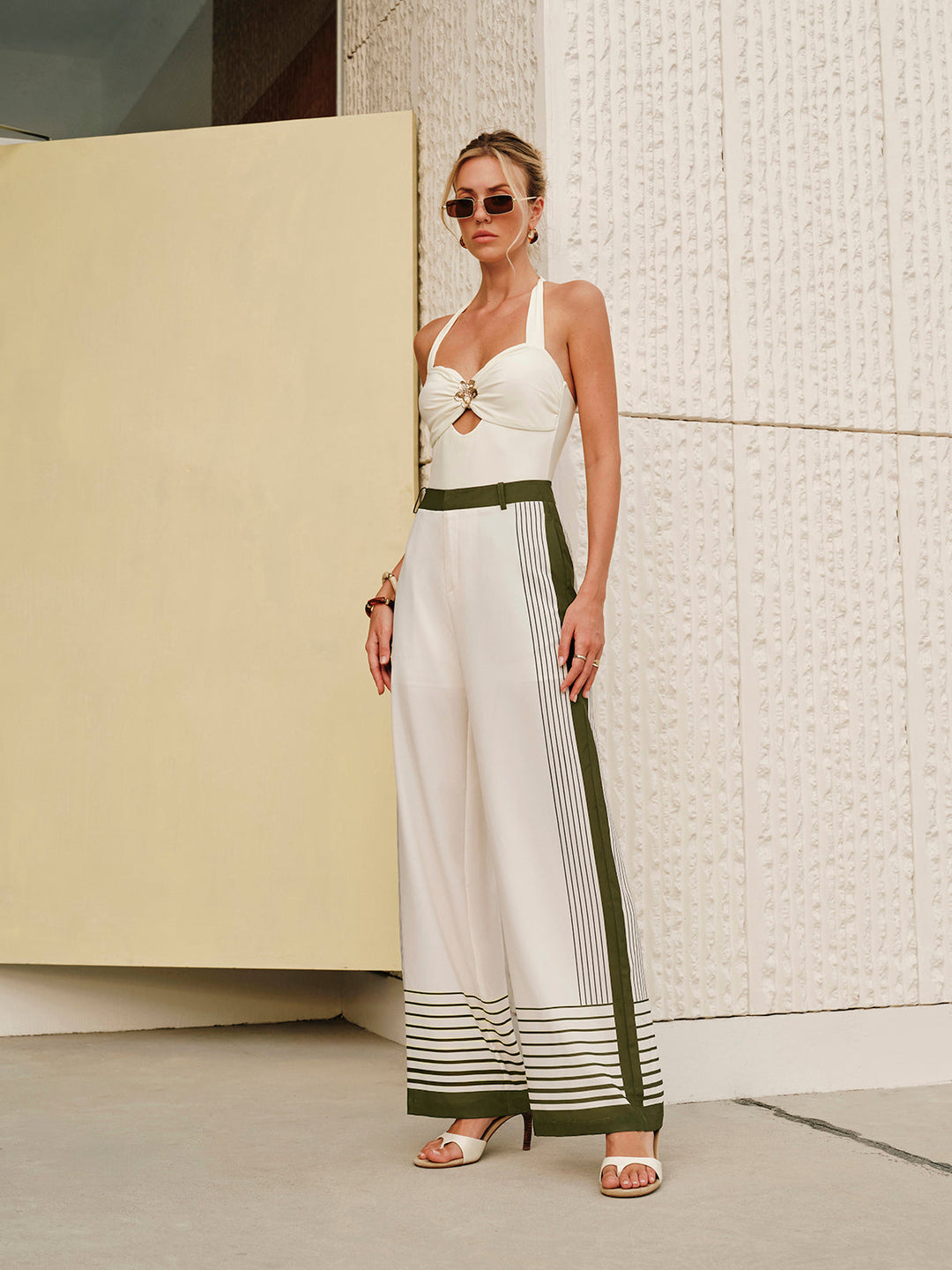Pantalons à taille mi-haute à fermeture éclair avec imprimé rayé