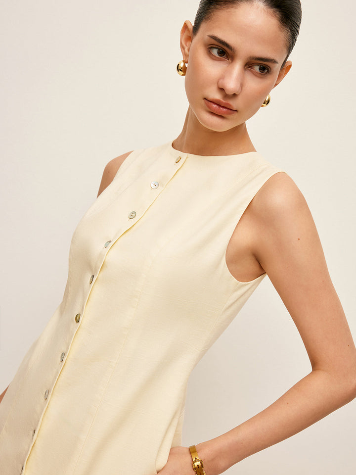 Robe Sans Manches en Coton et Lin Boutonnée