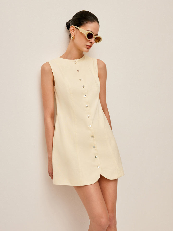 Robe Sans Manches en Coton et Lin Boutonnée