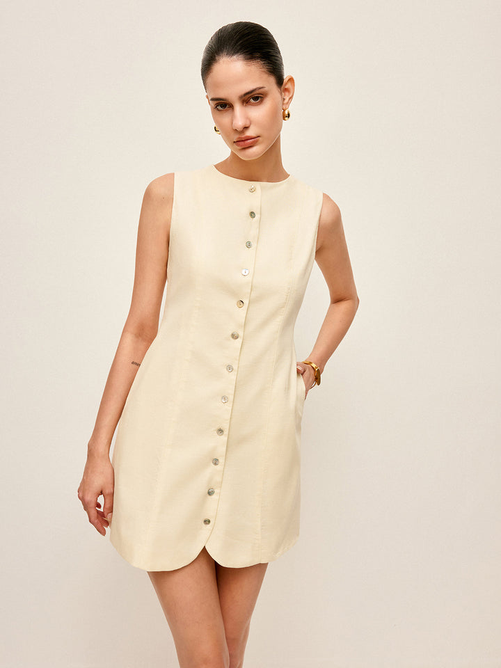 Robe Sans Manches en Coton et Lin Boutonnée