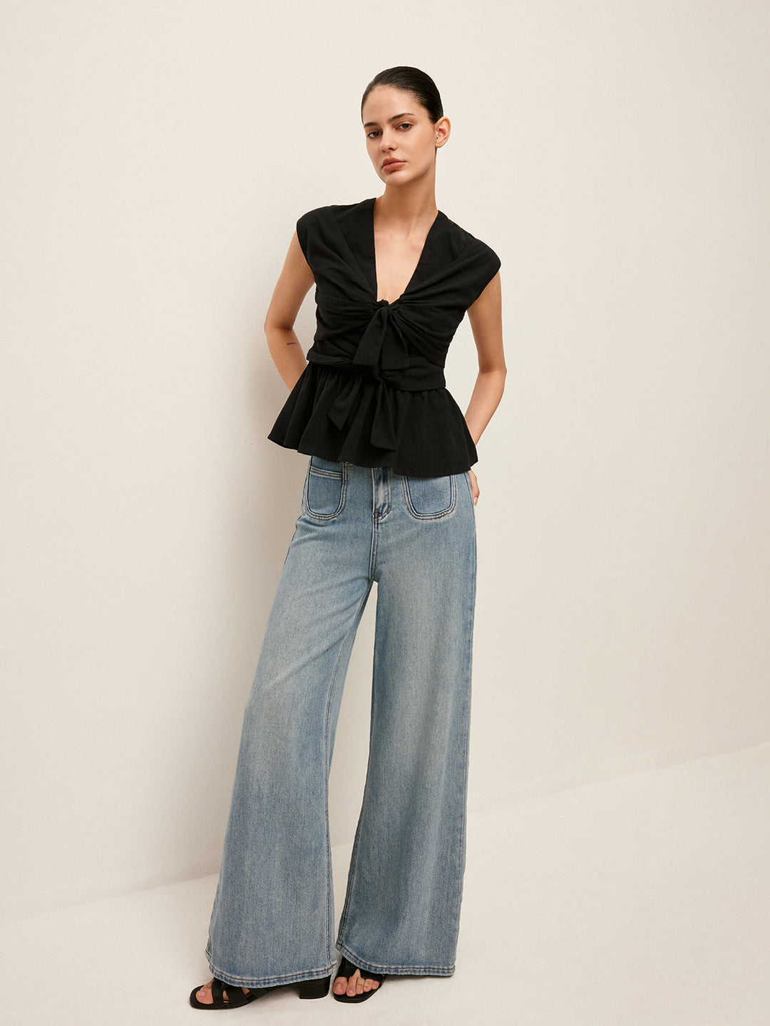 Jean Coupe Large Taille Mi-Haute Avec Poches