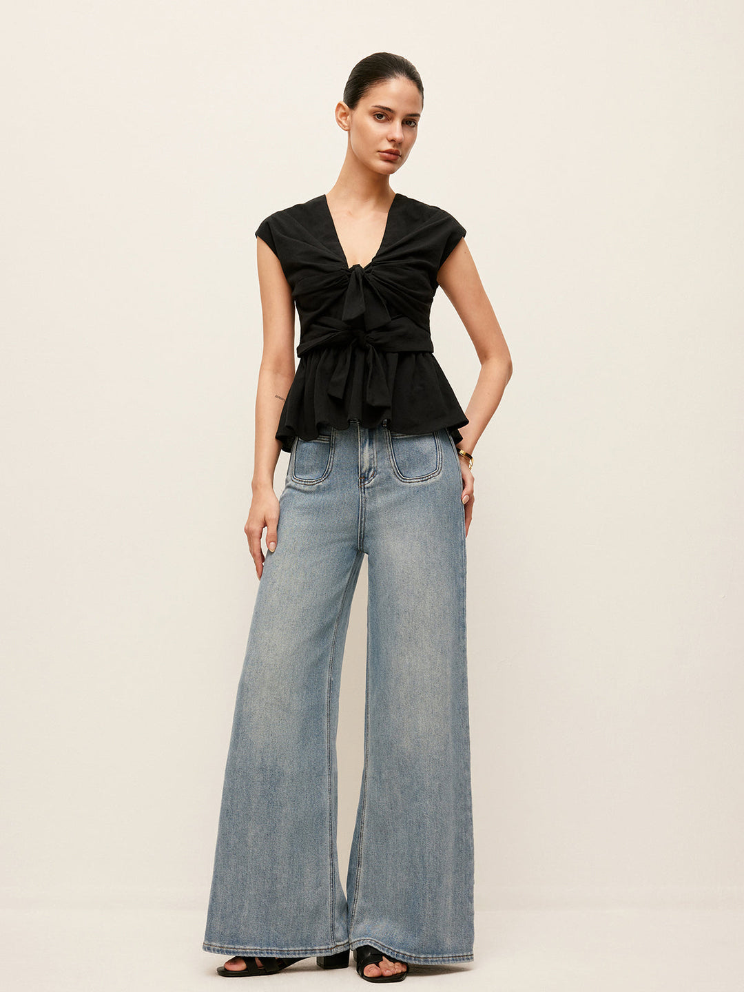 Jean Coupe Large Taille Mi-Haute Avec Poches