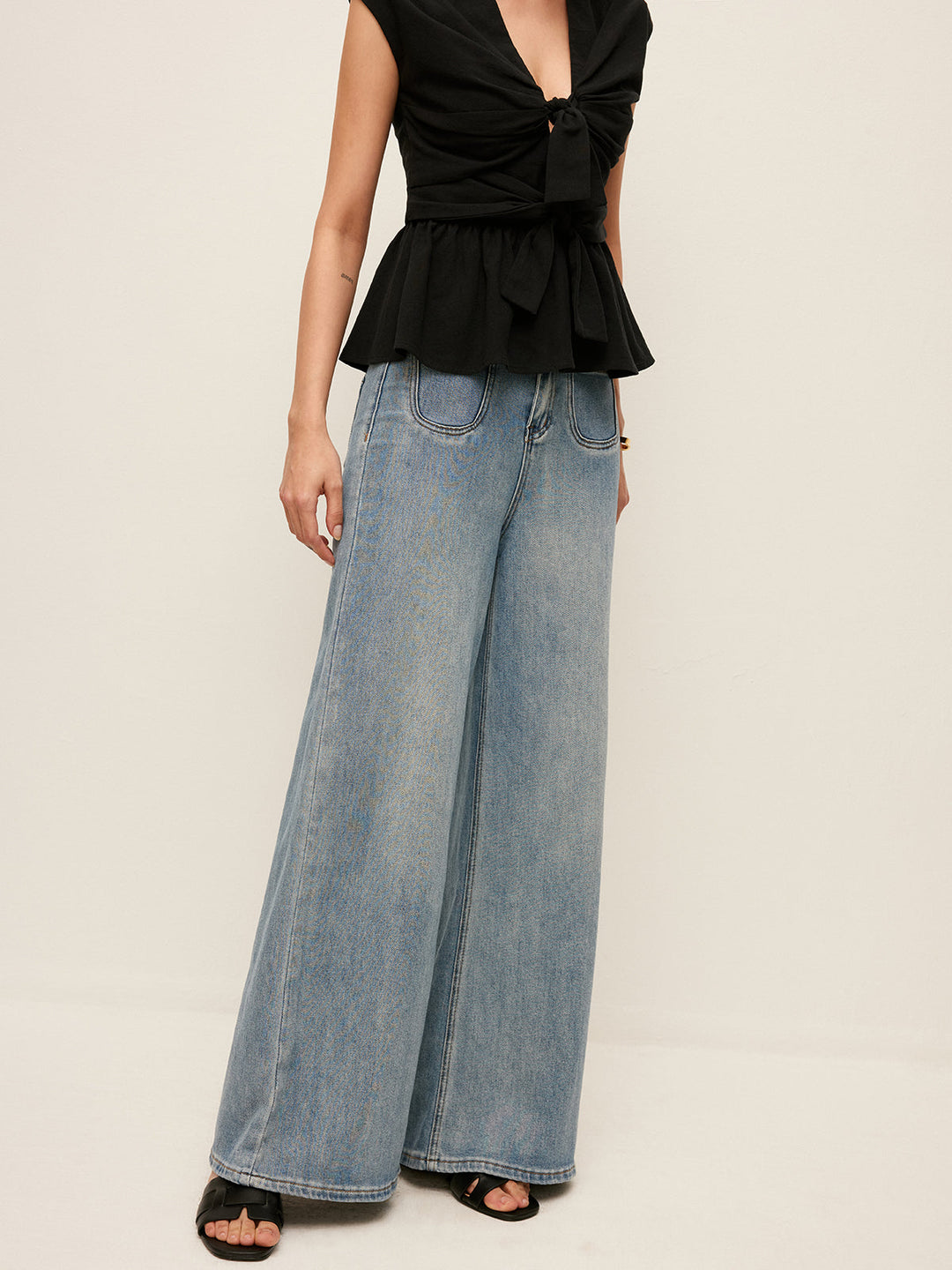 Jean Coupe Large Taille Mi-Haute Avec Poches