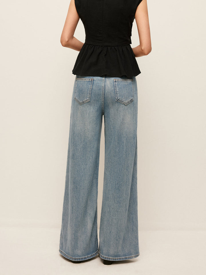 Jean Coupe Large Taille Mi-Haute Avec Poches
