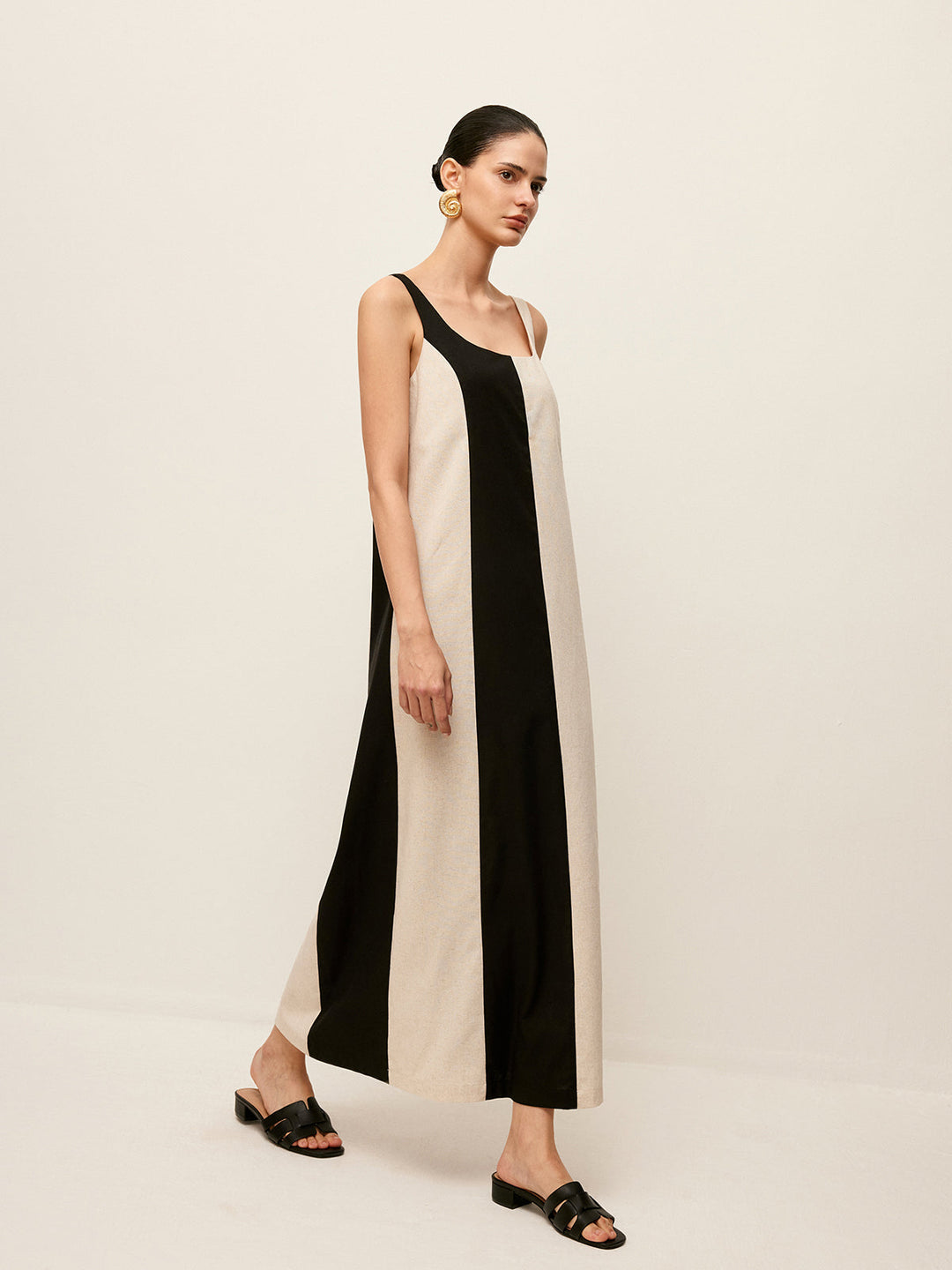 Robe Sans Manches Rayée en Coton et Lin