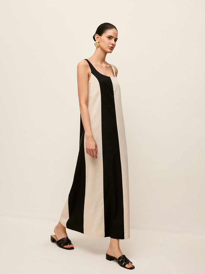 Robe Sans Manches Rayée en Coton et Lin