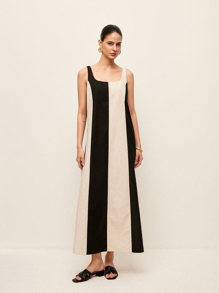 Robe Sans Manches Rayée en Coton et Lin