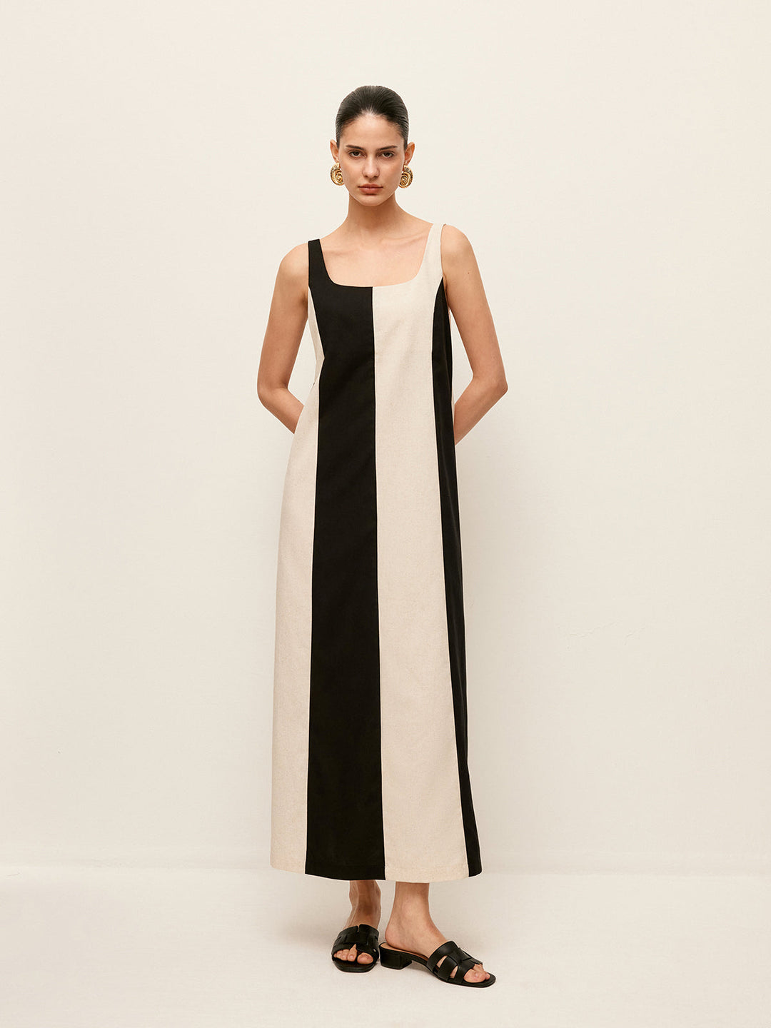 Robe Sans Manches Rayée en Coton et Lin