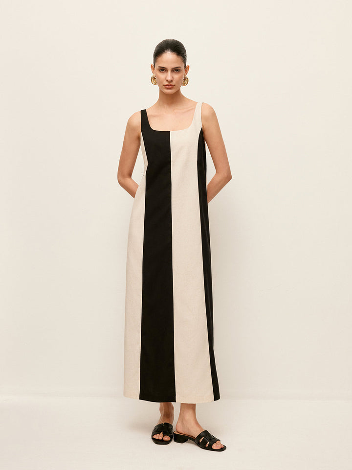 Robe Sans Manches Rayée en Coton et Lin