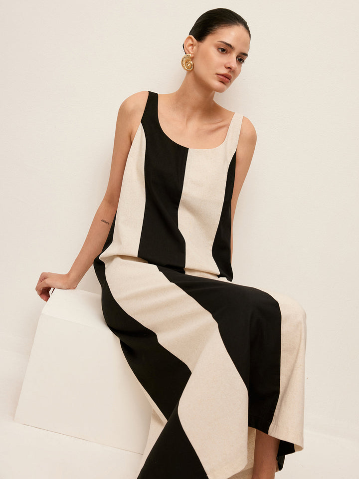 Robe Sans Manches Rayée en Coton et Lin