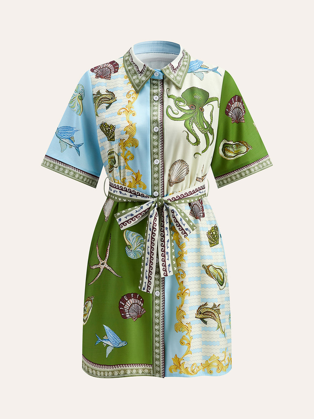 Chemise à col à revers avec ceinture et imprimé aquatique