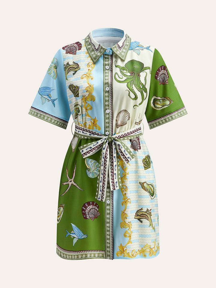 Chemise à col à revers avec ceinture et imprimé aquatique