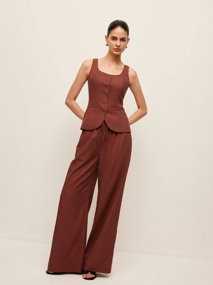 Ensemble Pantalon Et Gilet Boutonné en Coton et Lin avec Cordon de Serrage