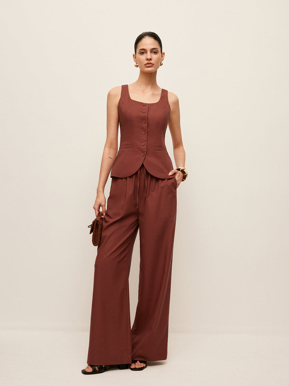 Ensemble Pantalon Et Gilet Boutonné en Coton et Lin avec Cordon de Serrage
