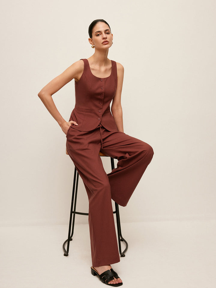 Ensemble Pantalon Et Gilet Boutonné en Coton et Lin avec Cordon de Serrage