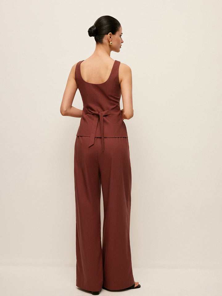 Ensemble Pantalon Et Gilet Boutonné en Coton et Lin avec Cordon de Serrage