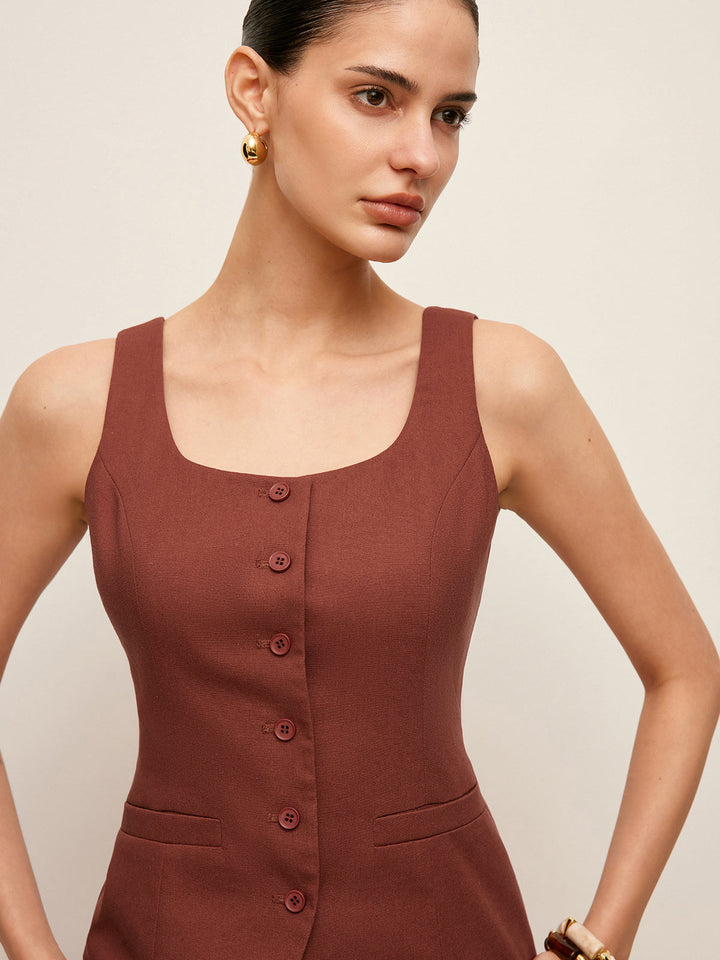 Ensemble Pantalon Et Gilet Boutonné en Coton et Lin avec Cordon de Serrage