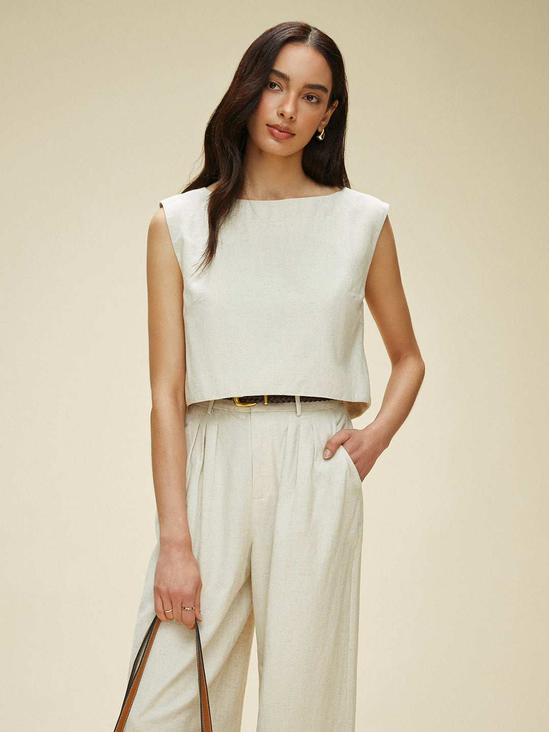 Ensemble Pantalon Longue sans manches en Coton et Lin avec Poches sans Ceinture