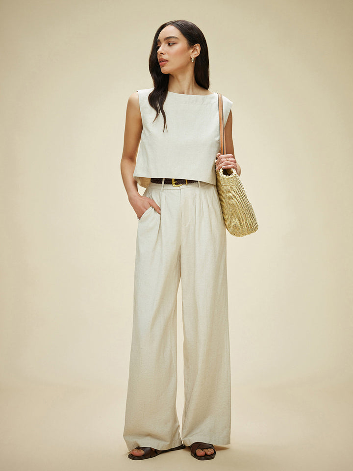 Ensemble Pantalon Longue sans manches en Coton et Lin avec Poches sans Ceinture
