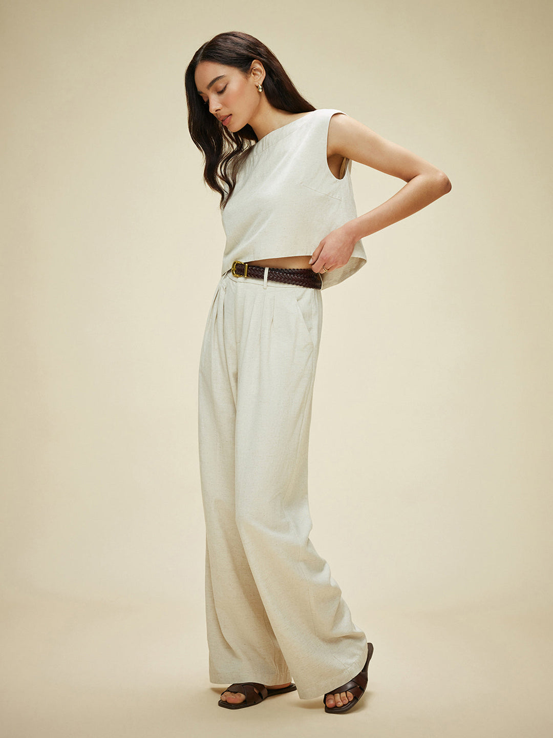 Ensemble Pantalon Longue sans manches en Coton et Lin avec Poches sans Ceinture