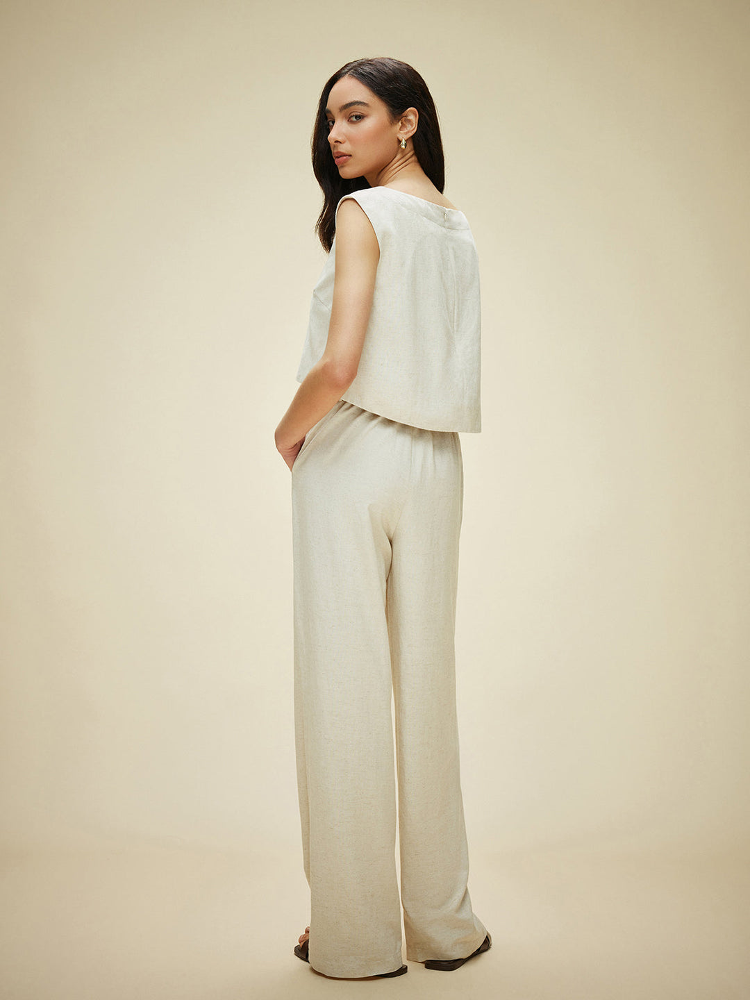 Ensemble Pantalon Longue sans manches en Coton et Lin avec Poches sans Ceinture