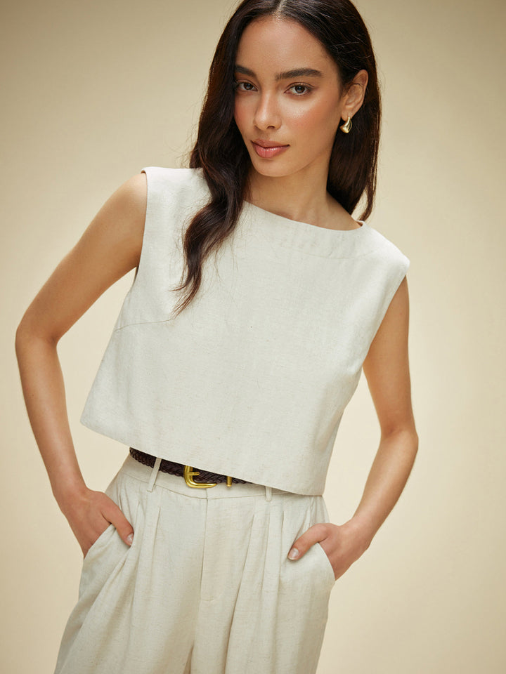 Ensemble Pantalon Longue sans manches en Coton et Lin avec Poches sans Ceinture
