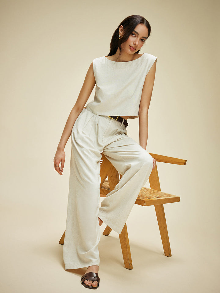 Ensemble Pantalon Longue sans manches en Coton et Lin avec Poches sans Ceinture