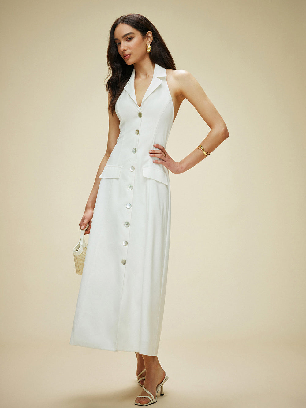 Robe Longue à Bretelles en Coton et Lin avec Détails de Poche et Fermeture à Lacets au Dos