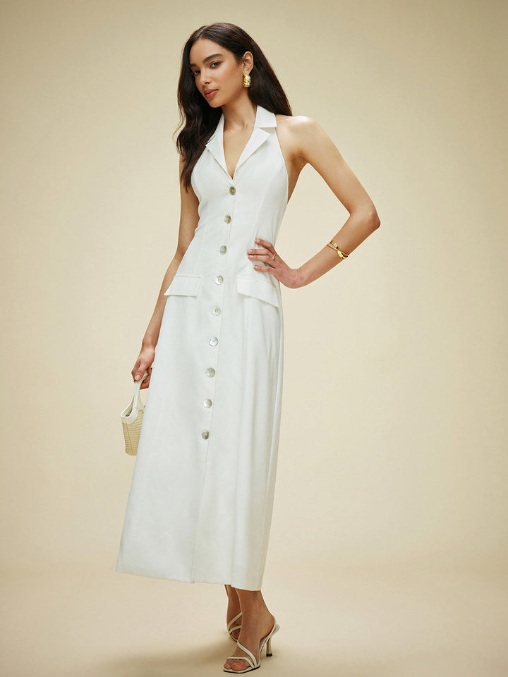 Robe Longue à Bretelles en Coton et Lin avec Détails de Poche et Fermeture à Lacets au Dos