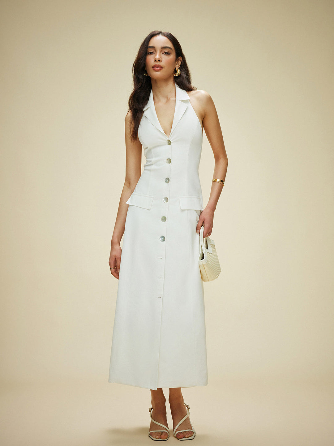 Robe Longue à Bretelles en Coton et Lin avec Détails de Poche et Fermeture à Lacets au Dos